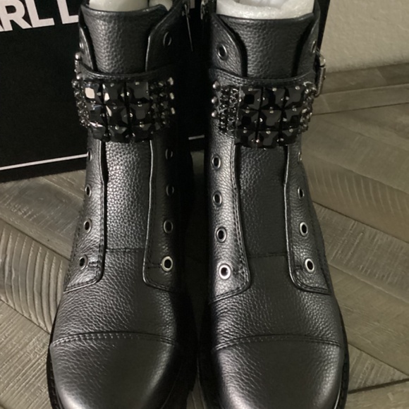 KARL LAGERFELD PARIS Women's Maeva Embellished Buckled Zip Booties, size… - Picture 3 of 16